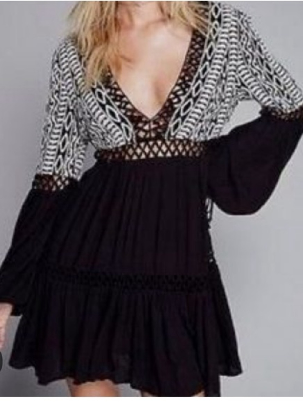 Free People Black and‎ White Crochet Trim V-Neck Mini Dress